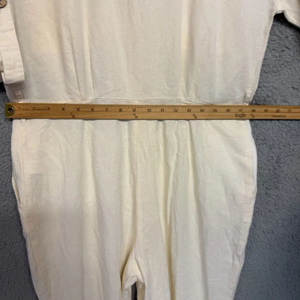 ZARA Linen Blend Jumpsuit Womens L White Roll Tab Sleeves Button Collar Resort